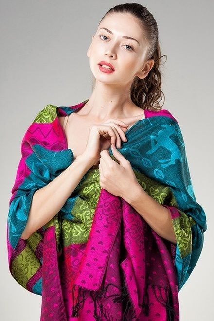 Buy Pashmina Shawl Online Australia - beautiful woman wearing colorful kashmir scarf isolated on grey